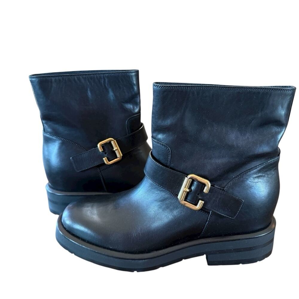Chloe Coddington Black Leather Moto Boots Logo Buckle EU 41 US 11